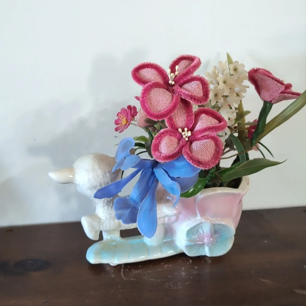 Charming Pastel Lamb Planter with Flowers Cottagecore Vintage Blue Pink Decor